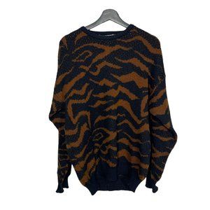 Vintage 90s Black Brown Stripe Wool Knit Pullover Oversized Sweater Large